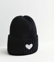New Look Black Embroidered Heart Chunky Knit Beanie